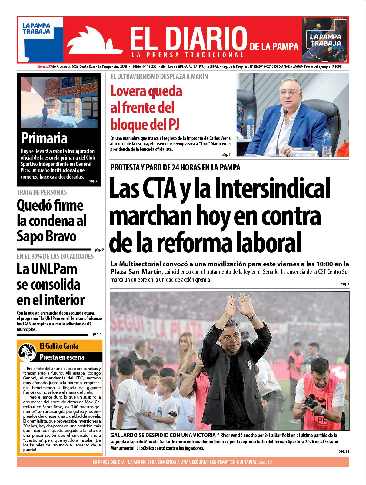 Tapa de El Diario en papel  viernes 27 de febrero de 2026